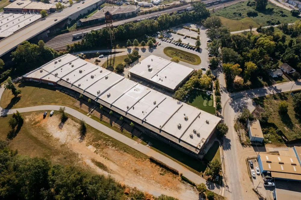 Aerial view of data center rooftop with HVAC equipment